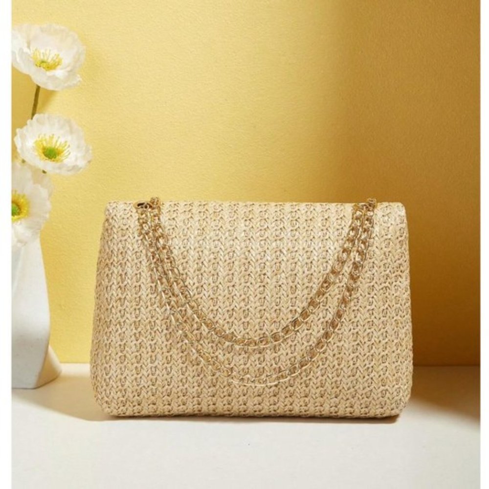 Minimalist  Flap Straw Bag Turn-lock Chain - Picture 2 of 5